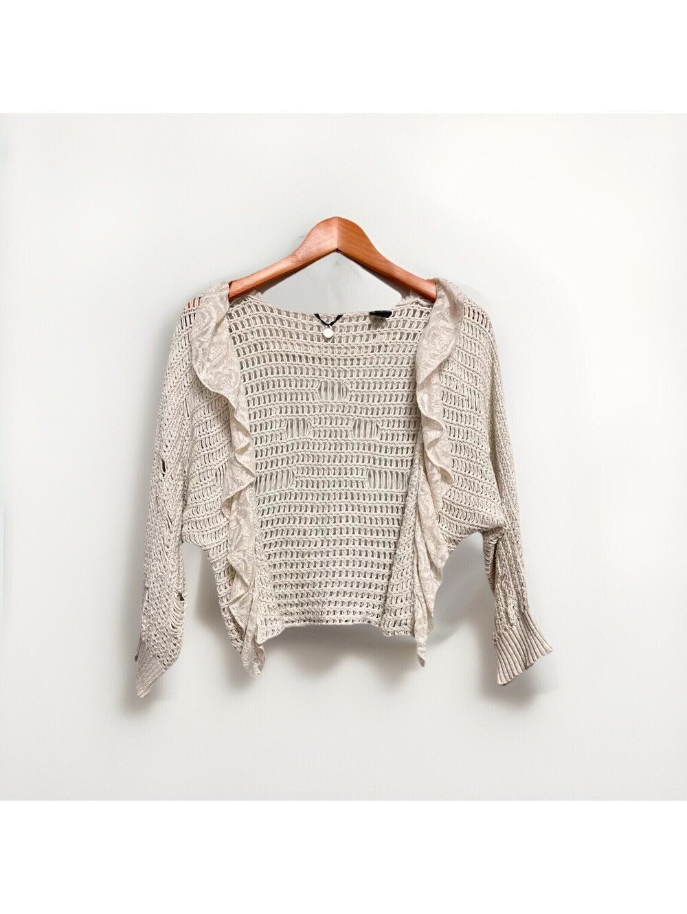 BKE Women’s M Crochet Open Knit Cardigan Ruffle Cotton Beige Boho Festival Beach